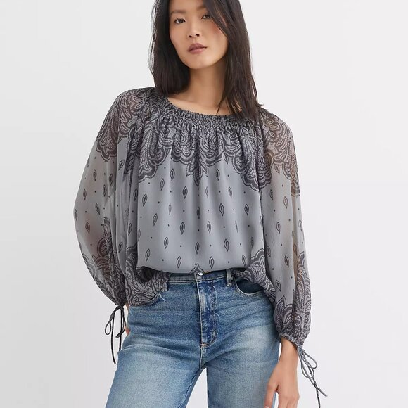 NWT Loft Paisley Ruffle Neck Tie Cuff Blouse XS - Picture 2 of 3